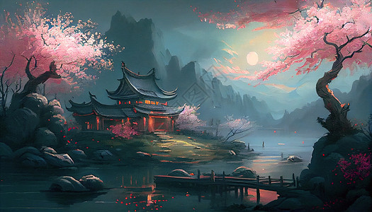 中式桃花源夜色风景图片