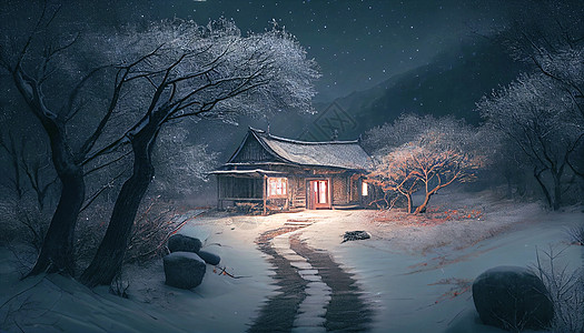 雪后山间小屋夜景图片