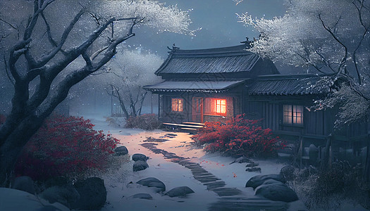 下雪后山间小屋夜景图片