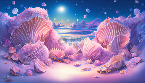 发光沙滩贝壳夜景图片