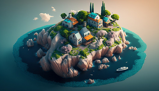 别墅景观25D模型等距风格海洋景观插画