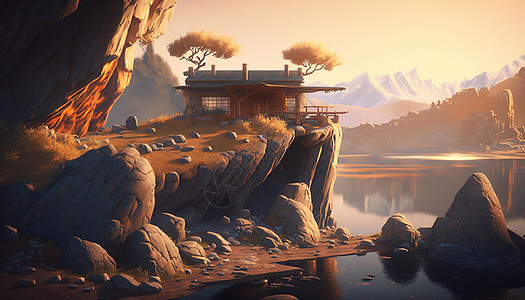山间景观建筑风景插画阳光水边背景图片