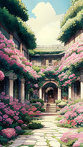 充满鲜花庭院广角手绘风格图片