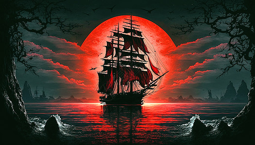 帆船 手绘血月帆船数字艺术插画