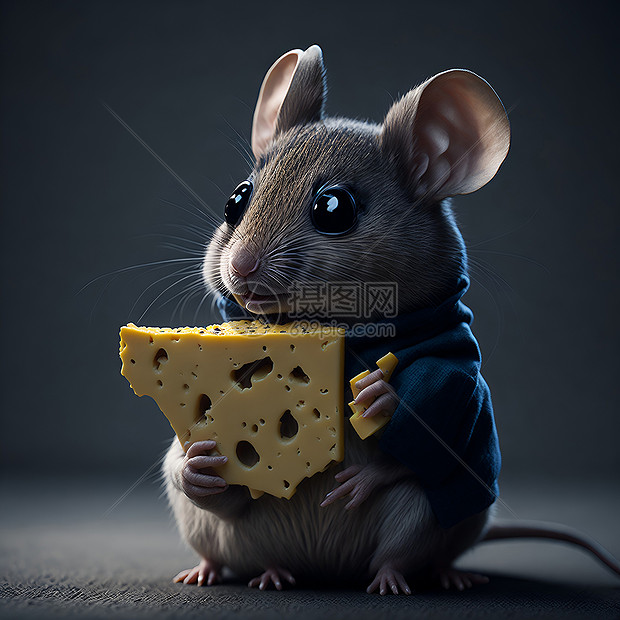 一只可爱的老鼠抓着一片奶酪图片