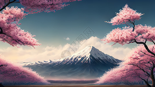 雪山下的樱花树背景图片