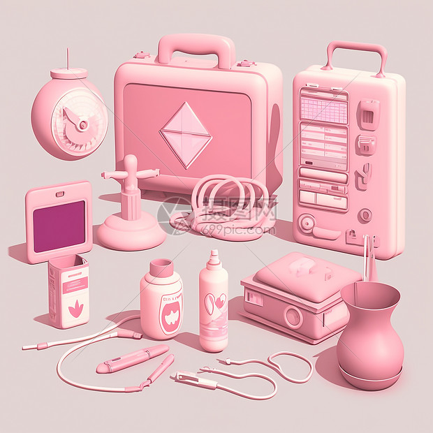 粉色背景上的可爱医疗设备图片