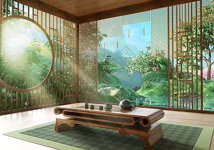 古风茶壶中国风古建筑风景设计图片