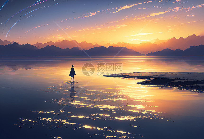 行走在湖面上美丽夕阳图片