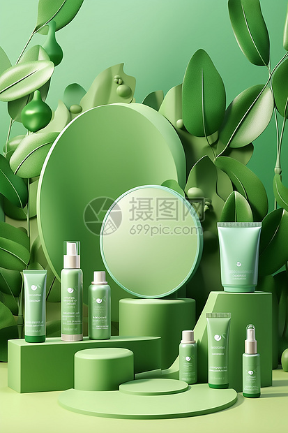 绿色背景下的化妆品图片