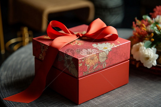 灰色桌子上的红色礼品盒图片