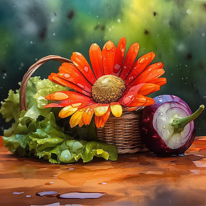 红色花朵和蔬菜背景图片