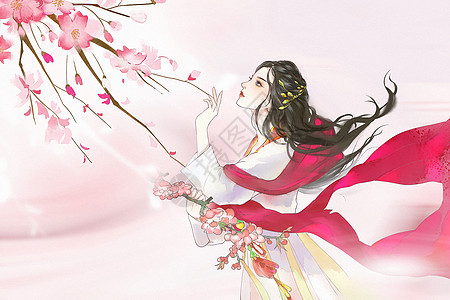 樱花美女水墨中国风赏樱花背景设计图片