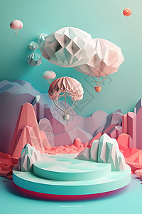 3D展台背景剪纸3D风热气球插画