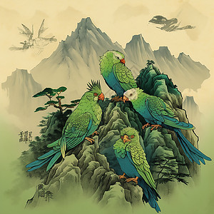 绿色鹦鹉国画图片