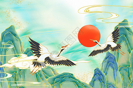 国潮山水仙鹤背景图片