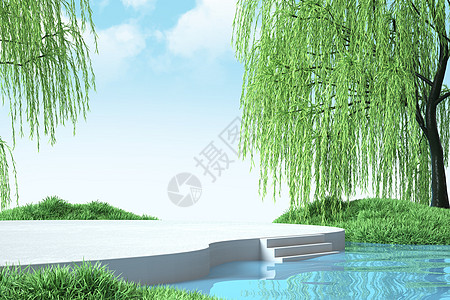 草木凋零春季水面柳树场景设计图片