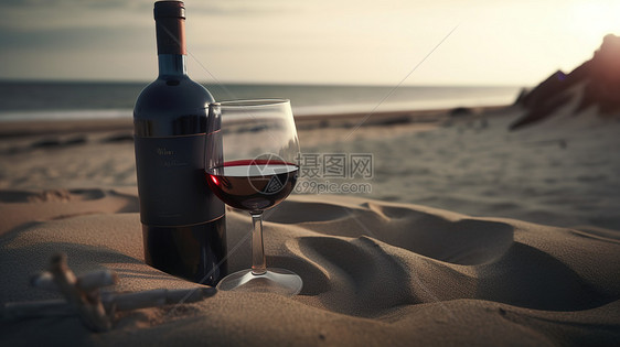 沙滩上的红酒图片