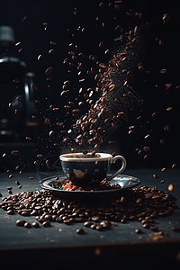 黑色背景下散落的咖啡豆图片