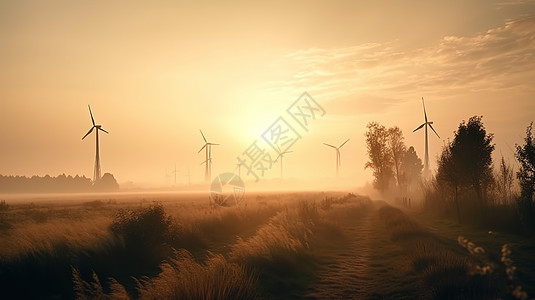 夕阳下的风力发电厂图片