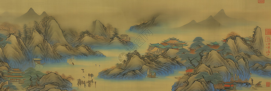 青山水墨山水背景插画