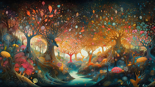 梦幻森林童话古堡,背景  |梦幻森林场景元素  |卡通手绘狐狸插画