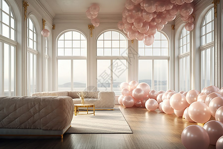 粉色气球装饰的宽敞客厅背景图片