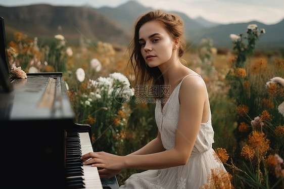 户外弹钢琴的女孩图片