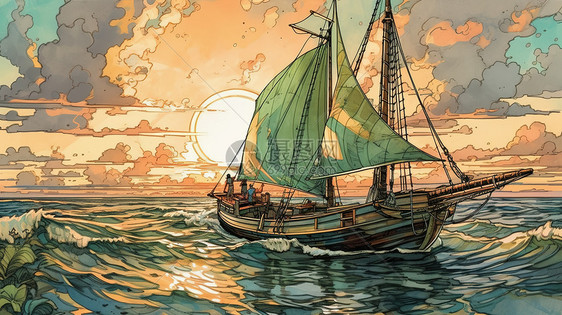 日落时分形式的帆船图片