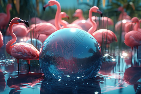 湖面的水晶球和成群的火烈鸟图片