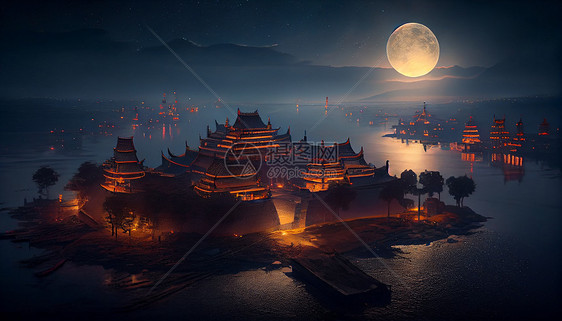 中式夜景概念插画图片
