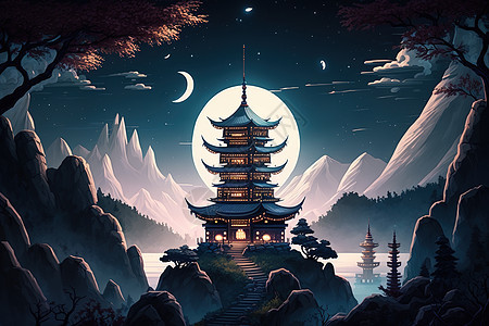 夜晚古建筑塔楼绘画图片