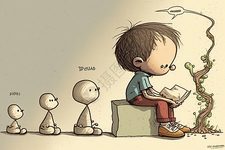 正在看书思考的男孩插图图片