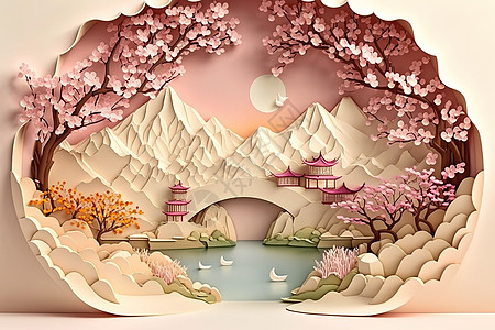粉色调立体山水风景背景图片