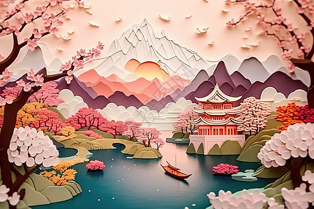 立体壁画粉色简约唯美立体山水风景插画