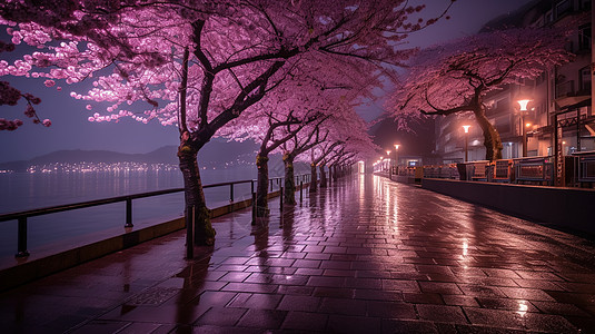 湖边的樱花树背景图片