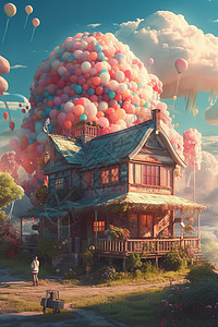 聚集的气球堆与小木屋图片