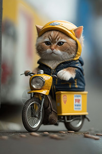 戴着小黄帽骑小摩托的猫咪背景图片
