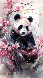 樱花树上的可爱熊猫水彩图片