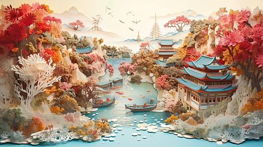 纸雕中国传统古典房屋图片