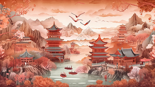 展示背景城市纸雕中国传统古风房屋插画