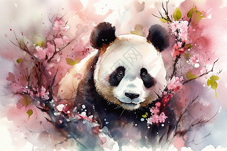 水彩樱花熊猫背景图片