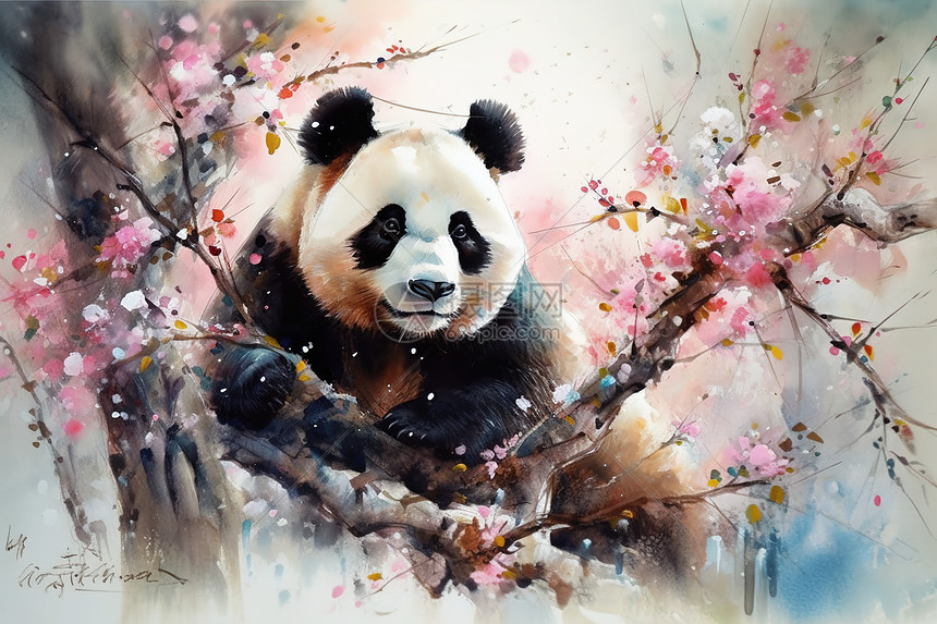 彩色水墨樱花与熊猫图片