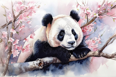 趴在花枝上的熊猫图片