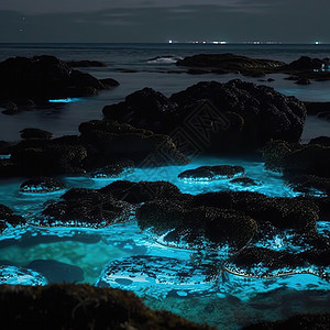 蓝色荧光水面的岛屿图片