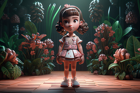 梦幻园林中的小女孩背景图片