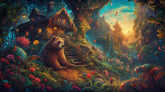 梦幻丛林房屋旁的熊熊图片