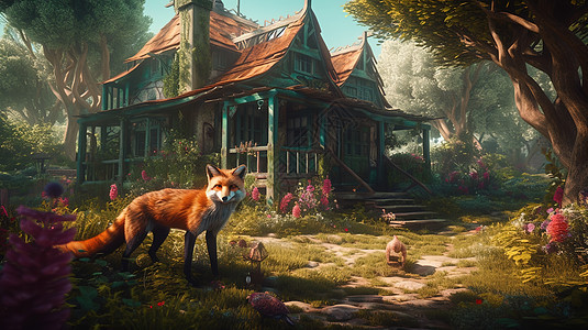 梦幻丛林房屋旁的狐狸图片