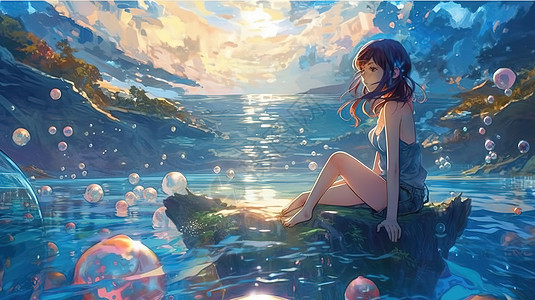 梦幻泡泡与少女数字艺术背景图片