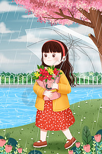 雨中抱花撑伞的女孩图片